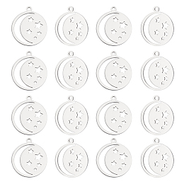 UNICRAFTALE 20pcs Star with Moon Charms 201 Stainless Steel Laser Cut Flat Round with Star and Moon Pendants 1.4mm Hole Dangle Charms for DIY Jewelry Making