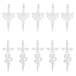 Unicraftale 12Pcs 2 Style 201 & 304 Stainless Steel Pendant, Hollow Charms, Sword & Sword with Snake, Stainless Steel Color, 47~54.5x21~25x1~1.5mm, Hole: 1.4~1.6mm, 6pcs/style