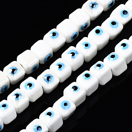 Honeyhandy Handmade Porcelain Ceramic Beads Strands, Bright Glazed Porcelain, Cube with Evil Eye, White, 9.5x8.5x8.5mm, Hole: 1.5mm, about 40pcs/strand, 12.99 inch(33cm)