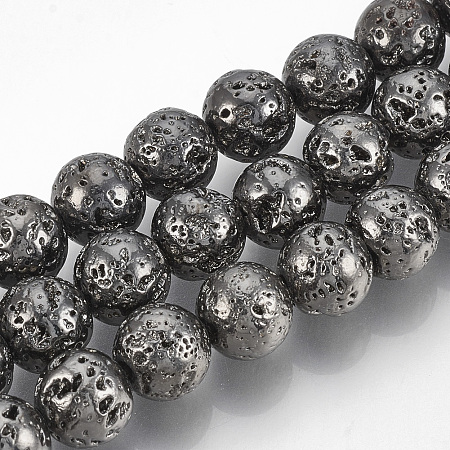 ARRICRAFT Electroplated Natural Lava Rock Bead Strands, Round, Bumpy, Gunmetal Plated, 4~5mm, Hole: 1mm, about 89pcs/strand, 15.7 inches