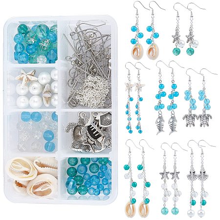 SUNNYCLUE DIY Ocean Theme Earring Making Kits, include Cowrie Shell & Glass & Synthetical Turquoise Beads, Alloy Pendants, Brass Cable Chains & Earring Hooks, Iron Findings, Antique Silver & Platinum, 18~20x13~14x6~8mm