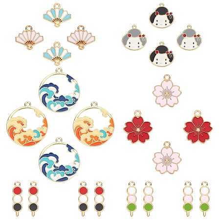 SUNNYCLUE 1 Box 40Pcs 5 Styles Assorted Colorful Enamel Alloy Pendant Charms Golden Plated Dango Sakura Flower Fan Flat Round Japanese Style Pendants for Jewelry Making Crafts Supplies