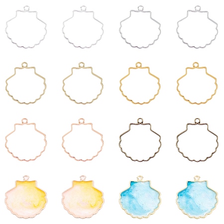 Olycraft 6 Colors Alloy Open Back Bezel Pendants, For DIY UV Resin, Epoxy Resin, Pressed Flower Jewelry, Shell Shape, Mixed Color, 40x39mm; 6 colors, 4pcs/color, 24pcs/box