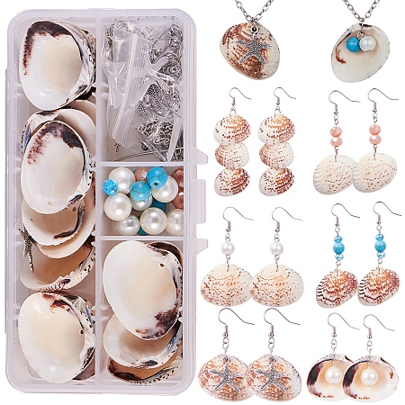 SUNNYCLUE 1 Box DIY 8 Set Starfish Seashell Clam Shell Pearl Necklace Earring Jewelry Making Starter Kit Scallop Beach Sea Shell Beads Charm Gemstone Beads for Art Craft Projects, Instruction