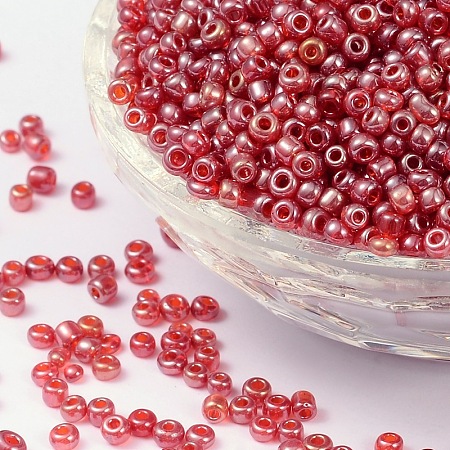 ORNALAND 8/0 Glass Seed Beads, Transparent Colours Lustered, Round, Crimson, 3mm, Hole: 1mm; about 3500pcs/bag