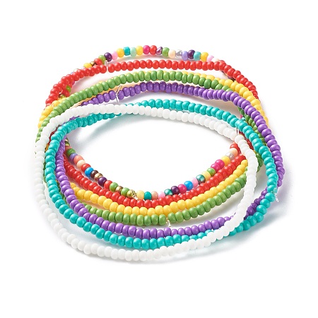 Honeyhandy Candy Color Glass Seed Beads Anklets Set, Dainty Thin Beads Stackable Anklets for Women, Mixed Color, Inner Diameter: 2-1/2 inch(6.3cm), 7pcs/set