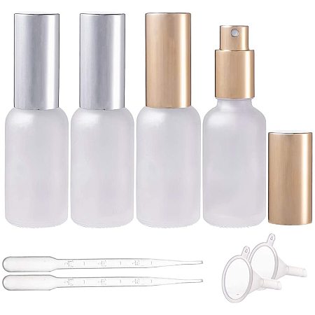 BENECREAT 8 Packs 1oz Glass Fine Mist Spray Bottles with Silver and Gold Pump Caps for Perfumes Essential Oil Cosmetic (2pcs Pipettes, 2pcs Funnels)