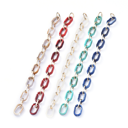 ARRICRAFT Handmade Acrylic & Aluminium Cable Chains, Imitation Gemstone, Flat Oval, for Jewelry Making, Light Gold, Mixed Color, Link: 18.5x11.5x4.5mm, 14.5x8.5x1.5mm, about 39.37 inches(1m)/strand