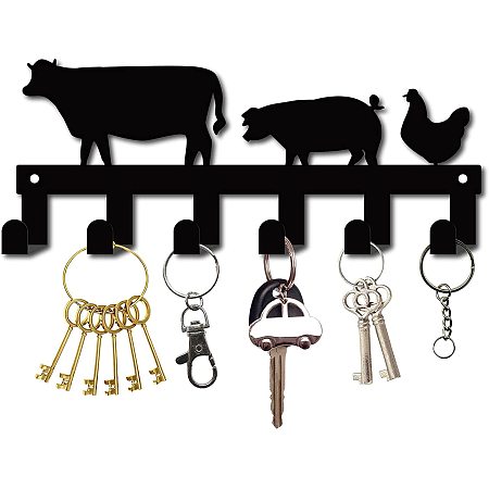 CREATCABIN Metal Key Holder Black Key Hooks Wall Mount Hanger Decor Iron Hanging Organizer Rock Decorative with 6 Hooks Cow and Pig and Chicken for Front Door Entryway Cabinet Hat Towel 10.6 x 4.3inch