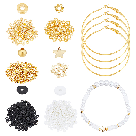 Arricraft 764 Pcs Flat Round Polymer Clay Beads Earring Making Kit, Including Gold Spacer Round Beads & Tibetan Daisy and Pentagram Star Spacer Beads with Iron Earrings Hoops for Jewelry Making