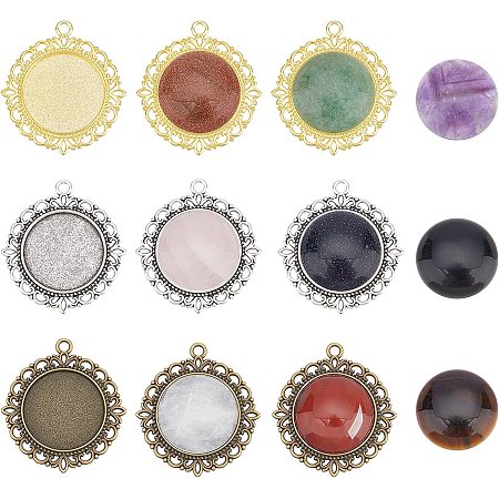 CHGCRAFT 9 Pcs 3 Colors Round Bezel Pendant Trays with 9 Pcs 9 Colors Natural Gemstone Cabochons 25mm DIY Round Pendant Tray Charm Bezel Blanks Setting for DIY Jewelry Making Necklace Bracelet