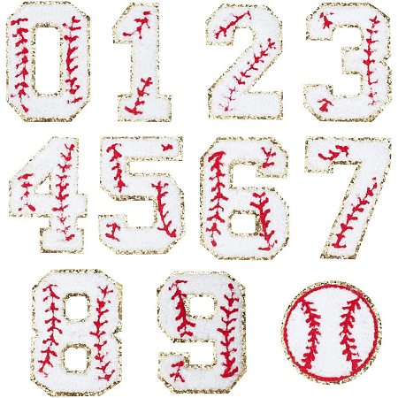 NBEADS 11 Pcs Number Iron on Patches, 0-9 Numbers Flat Tennis Shaped Applique Chenille Patches Embroidered Gold Baseball Style Patch for Clothes Dress Hat DIY Craft Supplies