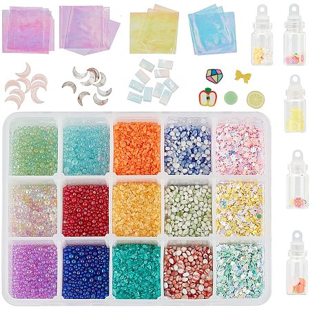 OLYCRAFT 196.5g Glass Beads 52pcs Resin Cabochons and Broken Glass Foils Filling Accessories, 5 Bottles Polymer Clay Resin Fillers Epoxy Resin Accessories for Resin Craft Making