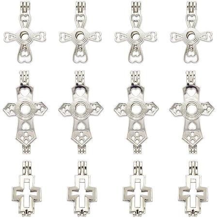 PandaHall Elite 15pcs 3 Shapes Hollow Cross Pendant Locket Cages Platinum Aromatherapy Essential Oil Diffuser Pearl Bead Locket Cage Charms for DIY Bracelet Necklace Earrings Jewelry Making