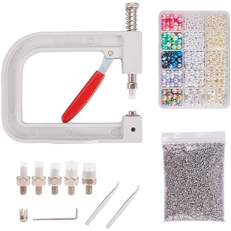 Pandahall Elite Pearl Setting Machine Tools Beads Rivet Fixing Machine with 1250pcs 5 Size Imitation Pearl Acrylic Beads, Pearl Rivet Buttons and Tweezers for Hats Shoes Clothes Bags Skirts DIY Crafts