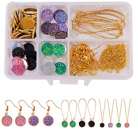 SUNNYCLUE 1 Box 115pcs DIY Jewelry Druzy Earrings Necklace Making Kit Include 24pcs Round Druzy Agate Resin Cabochons 12mm, 24pcs Dangle Cabochon Setting, 24pcs Earrings Hooks, 2m Cross Chains, Golden