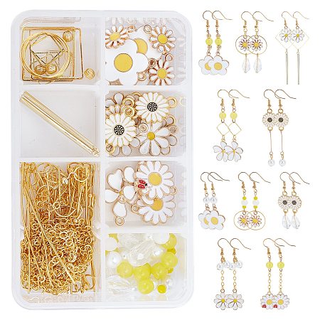 SUNNYCLUE Daisy Flower Jewelry Set DIY Making Kit, Including Glass Beads, Alloy Charms & Links & Beads, Brass Linking Rings & Jump Rings & Earring Hooks & Pins & Cable Chain, Mixed Color, Daisy Charm: 18pcs/set