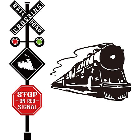 SUPERDANT Railroad Crossing Sign Wall Stickers Train Crossing Wall Decal Train Wall Art Wall Stickers Stop on Red Signal Vinyl Wall Decal DIY Art Stickers for Boys Bedroom Playroom Nursery Decor