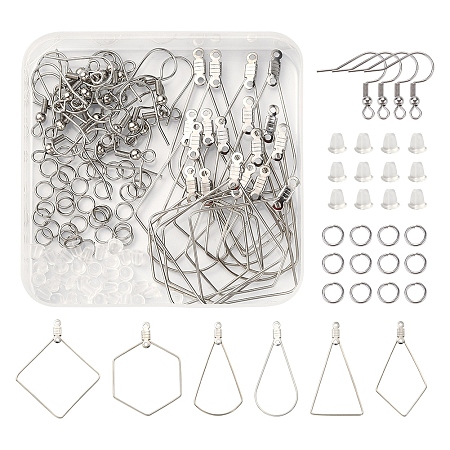 DIY Earring Making Finding Kit, Including 304 Stainless Steel Wire Pendants & Earring Hooks & Jump Rings, Plastic Nuts, Stainless Steel Color, 196pcs/box