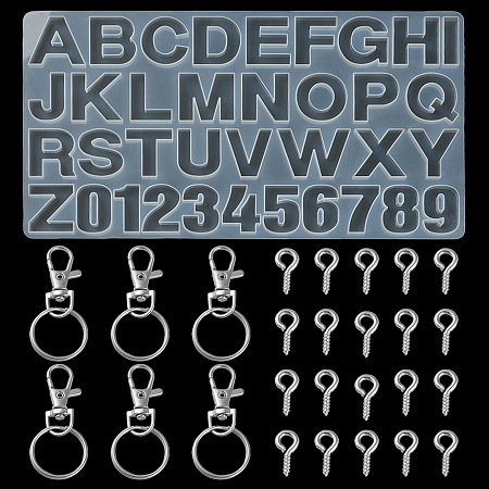Honeyhandy DIY Keychain Making Kits, Inclduing Number and Letter Design DIY Silicone Molds, Alloy Swivel Clasps, Iron Key Rings & Screw Eye Pin Peg Bails, White