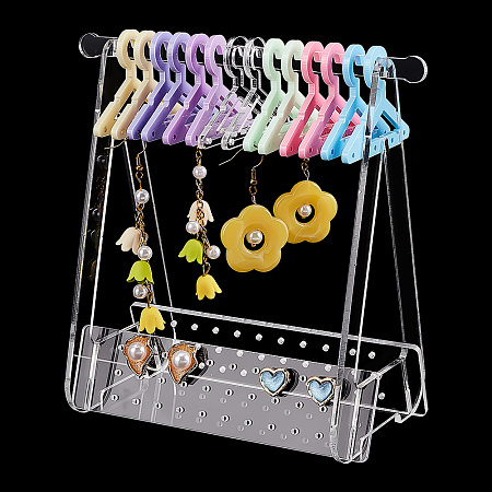 PandaHall Elite 1 Set Acrylic Earring Display Stands, Clothes Hanger Shaped Earring Organizer Holder with 14Pcs Colorful Hangers, Clear, 15.3x8.3x15cm