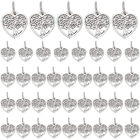 PandaHall 40pcs Tree of Life Pendants Heart Charms Tibetan Alloy Beads Hollow Heart with Tree for DIY Bracelets Necklace Jewelry Hanging Ornament Decorations Wedding Favor, Heart Shape