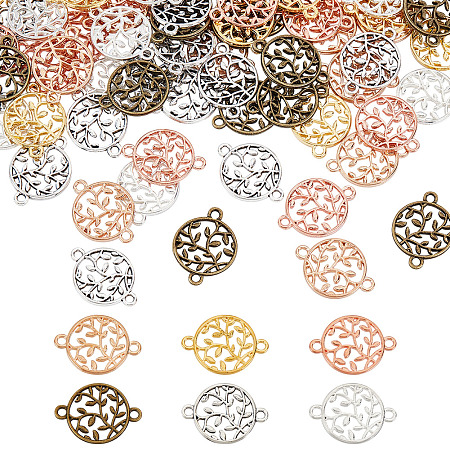 PandaHall Elite 90Pcs 6 Colors Zinc Alloy Connector Charms, Flat Round with Tree of Life, Mixed Color, 21x15x1.5mm, Hole: 1.8mm, 15pcs/color
