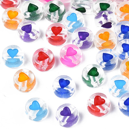 Honeyhandy Transparent Acrylic Enamel Beads, Flat Round with Heart, Mixed Color, 7x4mm, Hole: 1.8mm, about 3600~3700pcs/500g