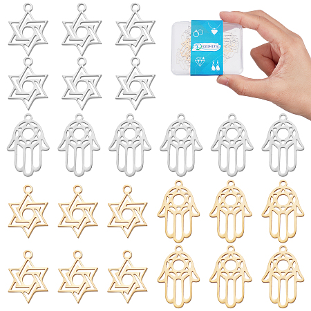 DICOSMETIC 24Pcs 4 Styles Hamsa Hand Pendants Stainless Steel Hand of Fatima Symbol Charms Star of David Charms Lucky Star Pendants for DIY Necklace Bracelet Jewelry Making Findings