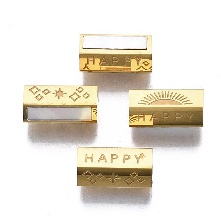 Honeyhandy 316 Surgical Stainless Steel Beads, with Shell, Real 14K Gold Plated, Hexagon with Word Happy, Seashell Color, 12x6x6mm, Hole: 2mm