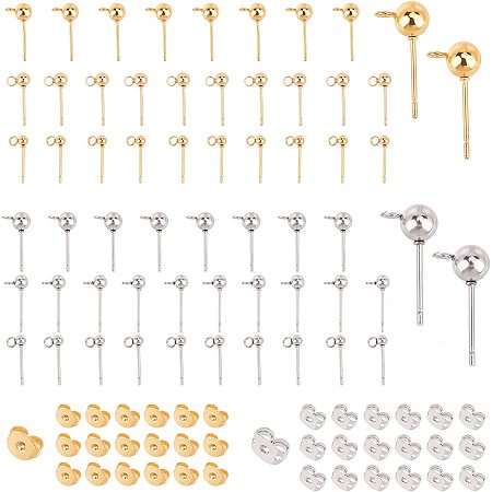 SUNNYCLUE 1 Box 60Pcs 6 Styles Ball Ear Studs Stainless Steel Earrings Post Round Ball Metal Stud Hypoallergenic with Loop Ear Nuts for Man Women Styling Dangle Findings, Golden Silver