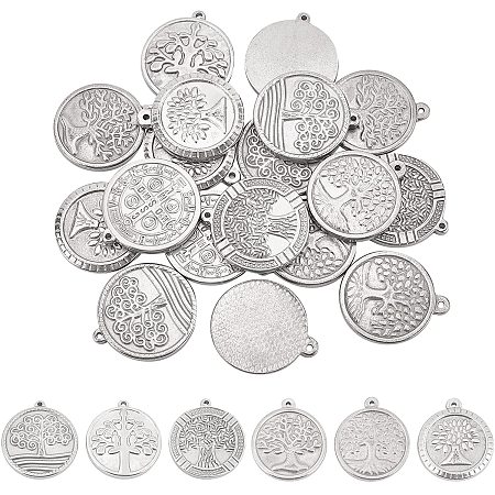 UNICRAFTALE 24pcs 6 Style Flat Round with Tree of Life Charms Stainless Steel Pendants Hypoallergenic Metal Charms for DIY Jewelry Making Stainless Steel Color 1~1.5mm Hole
