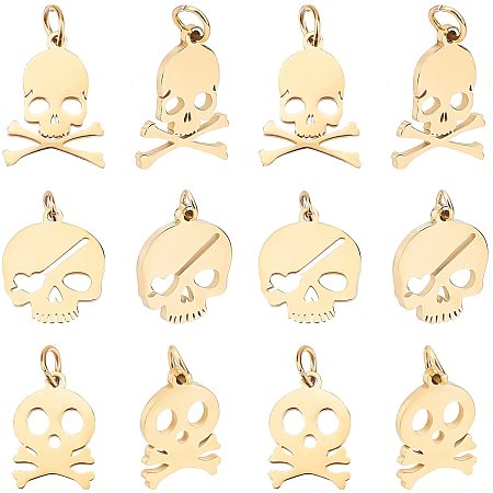 UNICRAFTALE 12pcs 3 Styles Skull Head Charms Stainless Steel Pendants with Jump Rings Golden Hollow Skull Charms Halloween Decoration for Jewelry Making