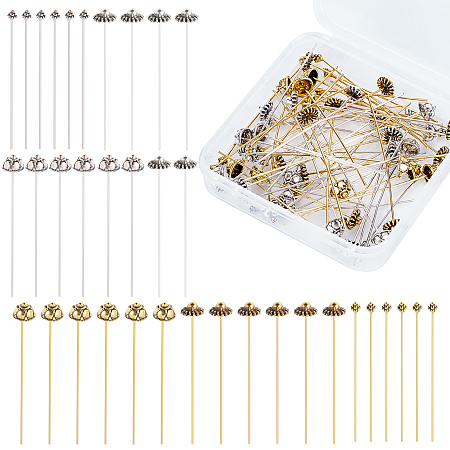 PandaHall Elite 6 Styles Head Pin Needles, 60pcs Ball Head Pins Tibetan Headpins Jewelry Head Pins Flower Beads Pins for Wrapped Loops Earring Jewelry Making DIY Crafts