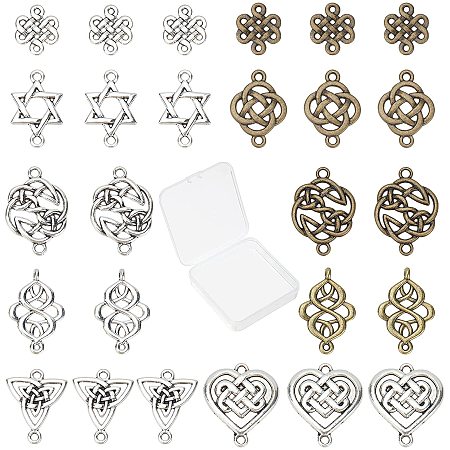 SUNNYCLUE 1 Box 60Pcs 7 Styles Celtic Knot Connect Charms Findings 2 Colors Tibetan Alloy Flower Triangle Heart Knot Links Good Luck Connector Charms Pendants for DIY Earring Making