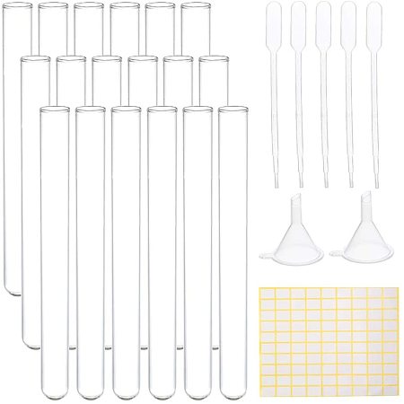 BENECREAT 40Pcs 18ml Glass Round Bottom Test Tube with 10Pcs Pipette, 2Pcs Hopper, 1Pcs Label Paster, for Liquid Test, Seeds Planting and Bead Storage, 150x15mm