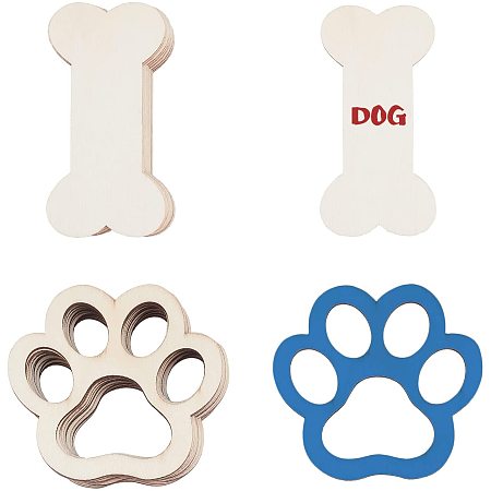 GORGECRAFT 2 Styles Unfinished Wood Dog Bone Paw Shaped Cutouts Wooden Slices for Craft DIY Embellishments Hanging Gift Tags Ornaments for Dog Pet Birthday Party Decoration