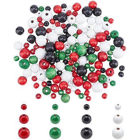 PandaHall Elite 540pcs 4 Color Wood Beads 6 Sizes Colorful Christmas Round Beads Loose Spacer Beads with Drilled Hole for Jewelry Making, Red & Green & White & Black