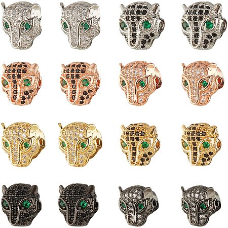 NBEADS 16 Pcs 8 Style Leopard Head Beads, Cubic Zirconia Beads Panther Head Pendant Charms Connector Beads for Necklace Bracelets DIY Jewelry Making, Mixed Color