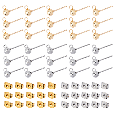 SUNNYCLUE 304 Stainless Steel Ear Stud Components, with Loop and Ear Nut, Ball, Golden & Stainless Steel Color, Ear Stud Component: 16x5mm, Hole: 1.6mm, Pin: 0.8mm, 40pcs/box; Ear Nut: 3x6x3mm, Hole: 0.8~1mm, 40pcs/box
