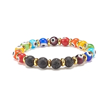 Honeyhandy Round Evil Eye Lampwork & Natural Lava Rock Beaded Stretch Bracelet, Essential Oil Gemstone Jewelry for Women, Colorful, Inner Diameter: 2-1/8 inch(5.5cm)