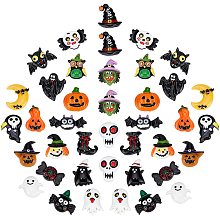 SUNNYCLUE 1 Box 40Pcs 20 Styles Halloween Cabochon Resin Flatback Colorful Pumpkin Cabochons Skull Owl Ghost Candy Moon for DIY Scrapbooking Embellishments Crafts Making Supplies