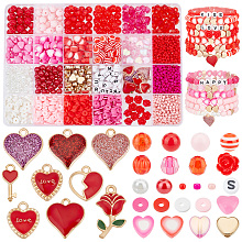 PandaHall Elite DIY Valentine's Day Jewelry Making Finding Kit, Including Seed & Glass Pearl & Polymer Clay Disc & Acrylic Pumpkin & Resin Rondelle & Plastic Heart Beads, Rose Alloy Enamel Pendants, Pink, 3~22.5x3~16x1~7mm, Hole: 1~2mm, 1959Pcs/box