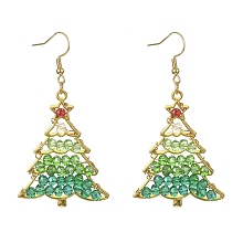 Honeyhandy Glass Beaded Christmas Tree Dangle Earrings, Golden Alloy Jewelry, Green, 64x34mm