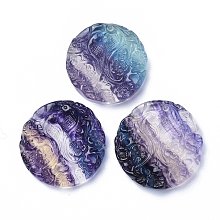 Honeyhandy Carved Natural Fluorite Pendants, Round with Bird & Flower, 37~42x7.5mm, Hole: 0.8mm