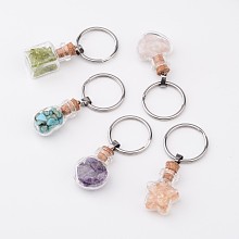 Honeyhandy Mixed Shapes Glass Bottle with Gemstone inside Keychain, with Stainless Steel Findings, 59~62mm