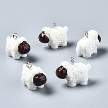 Honeyhandy Opaque Resin Pendants, with Platinum Tone Iron Loop, 3D Sheep, White, 15~16x22x13mm, Hole: 1.8mm