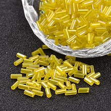 Honeyhandy Tube Transparent Colours Rainbow Plated Glass Bugle Beads, Yellow, 3~5x1.8~2mm, Hole: 0.8mm, about 1200pcs/50g