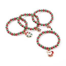 Honeyhandy Christmas Theme Stretch Charm Bracelets for Kids, with Imitation Pearl Acrylic Round Beads and Alloy Enamel Pendants, Golden, Mixed Color, Inner Diameter: 1-7/8 inch(4.8cm)