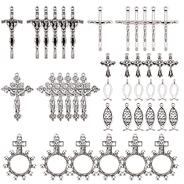 NBEADS 42 Pcs 7 Styles Tibetan Style Alloy Cross Charms, Antique Silver Crucifix Cross Pendants Charms Christian Fish Pendants for Easter Necklace Bracelet Earring Jewelry Making